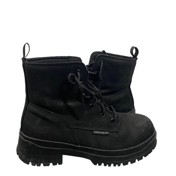 Skechers woman’s Black Leather Work Boots Size 8 With Carbon Nano Toe 8 - Picture 1 of 11